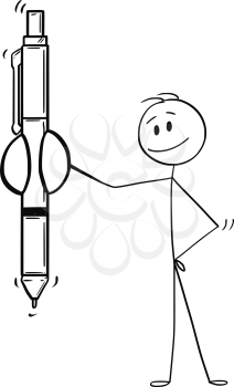 Cartoon stick drawing conceptual illustration of man or businessman offering a ballpoint pen to sign a contract or fill out some document.