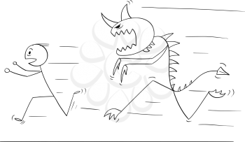 Cartoon stick drawing conceptual illustration of scared man running away from monster creature.