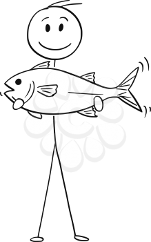 Cartoon stick drawing conceptual illustration of fisherman holding a big catch fish.