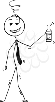 Cartoon stick drawing conceptual illustration of cheerful or jovial drunk man or businessman holding bottle in hand.