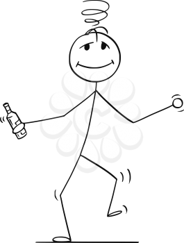 Cartoon stick drawing conceptual illustration of drunk man walking or dancing with bottle in hand.