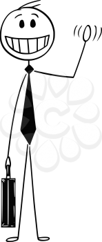 Cartoon stick man drawing conceptual illustration of cheerful, optimistic and smiling businessman waving his hand.