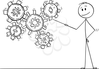 Cartoon stick drawing conceptual illustration of man or businessman pointing with pointer at working cogwheels or cog or gear wheels mechanism. Business concept of know-how and solution.