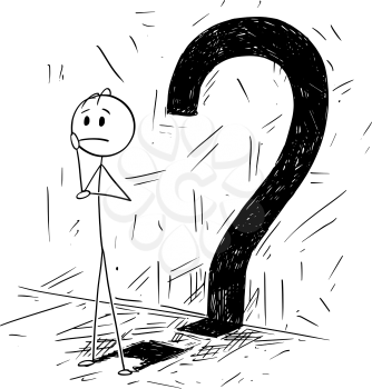 Cartoon stick drawing conceptual illustration of man or businessman thinking about problem with question mark as his shadow.