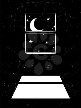 Cartoon drawing conceptual illustration of crescent or hornet moon shining through window on the room floor in night.
