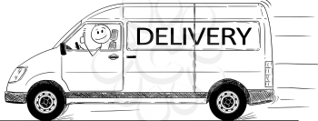 Cartoon stick drawing conceptual illustration of driver of fast driving generic van with delivery text showing thumbs up gesture.