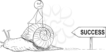 Cartoon stick drawing conceptual illustration of frustrated man or businessman sitting on the shell of snail and moving slow. Metaphor of slow progress and long waiting for success.