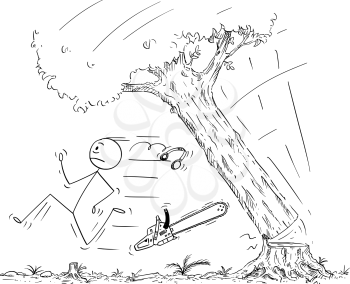 Cartoon stick drawing conceptual illustration of lumberjack running away from falling tree. Metaphor of failure or mistake.