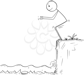 Cartoon stick drawing conceptual illustration of man or businessman ready to jump in unknown shallow water. Business concept of risk and danger.