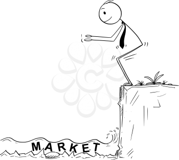 Cartoon stick man drawing conceptual illustration of businessman ready to jump in unknown shallow water of market investment business. Metaphor risk and speculation.