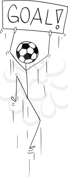 Cartoon stick man drawing conceptual illustration of character with football or soccer ball as head and sign in hands jumping and celebrating the goal. Sport concept of success and scoring.