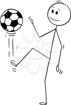 Cartoon stick man drawing conceptual illustration of football or soccer player juggling or kicking the ball for training.