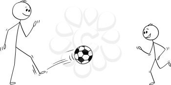 Cartoon stick man drawing conceptual illustration of father and son kicking, training or playing with football or soccer ball.