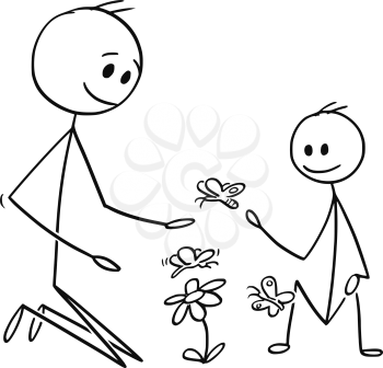 Cartoon stick man drawing conceptual illustration of father and son watching flowers and butterflies or nature together. Concept of parenting.