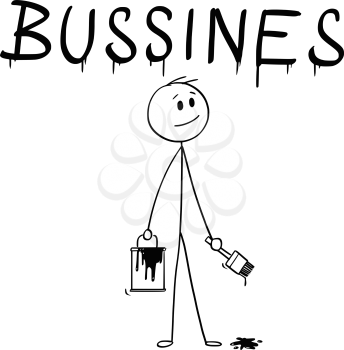 Cartoon stick man drawing conceptual illustration of businessman with brush and paint can painting or drawing the word business.