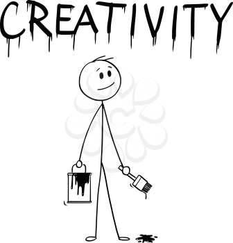 Cartoon stick man drawing conceptual illustration of businessman with brush and paint can painting or drawing the word creativity.
