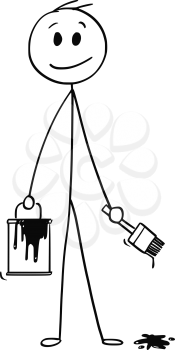 Cartoon stick man drawing conceptual illustration of smiling businessman with brush and paint can.Ready to add your text or drawing.