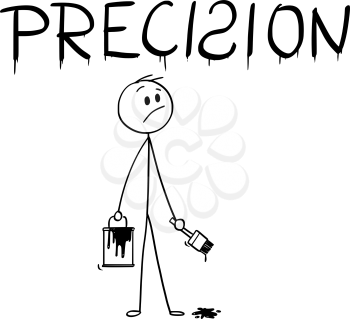 Cartoon stick man drawing conceptual illustration of businessman with brush and paint can painting or drawing the word precision with spelling mistake.