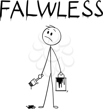 Cartoon stick man drawing conceptual illustration of businessman with brush and paint can painting or drawing the word flawless with spelling mistake.