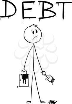 Cartoon stick man drawing conceptual illustration of businessman with brush and paint can painting or drawing the word debt.