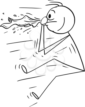 Cartoon stick man drawing conceptual illustration of man blown by sneeze or nose blow. Concept of allergy, cold and health.