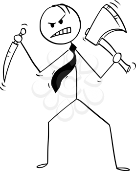 Cartoon stick man drawing conceptual illustration of crazy or mad businessman with knife and axe or ax.