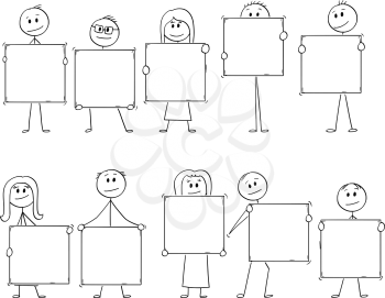 Cartoon stick man drawing conceptual illustration of crowd or team or ten businessmen and businesswomen holding big empty or blank signs for letters or numbers to add your text.