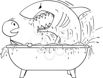 Cartoon stick man drawing conceptual illustration of man attacked by shark in his bathroom bath. Concept of security and unexpected danger.