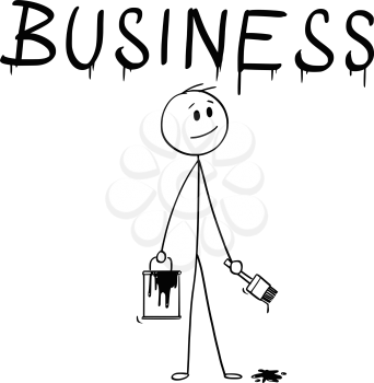 Cartoon stick man drawing conceptual illustration of businessman with brush and paint can painting or drawing the word business.