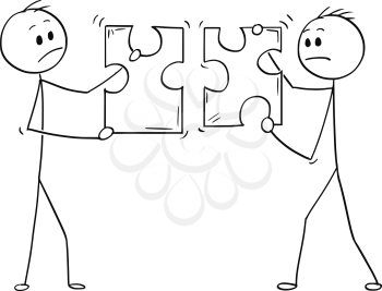 Cartoon stick man drawing conceptual illustration of two businessmen holding unmatching puzzle pieces. Business concept of teamwork or cooperation problem.