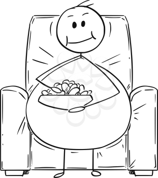 Cartoon stick drawing illustration of fat or overweight man sitting on armchair, watching tv or television and eating unhealthy food. Concept of unhealthy lifestyle.
