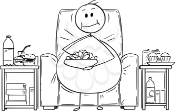 Cartoon stick drawing illustration of fat or overweight man sitting on armchair, watching tv or television and eating unhealthy food. Concept of unhealthy lifestyle.