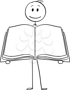Cartoon stick drawing conceptual illustration of man or businessman holding open empty book.