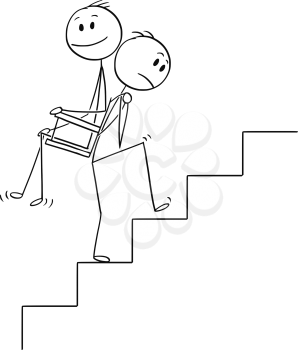 Cartoon stick drawing conceptual illustration of man or businessman carrying another man, manager or boss upstairs on his back. Business concept of teamwork or favoritism.