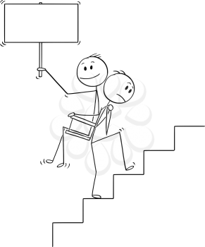 Cartoon stick drawing conceptual illustration of man or businessman carrying another man, manager or boss with empty sign upstairs on his back. Business concept of teamwork or favoritism.