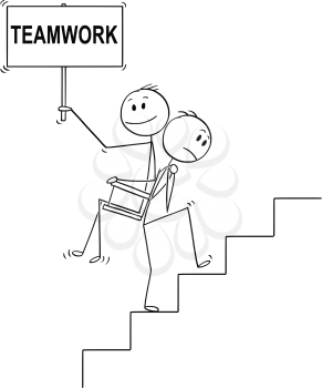 Cartoon stick drawing conceptual illustration of man or businessman carrying another man, manager or boss with empty sign upstairs on his back. Business concept of unfair teamwork or favoritism. Empty sign say teamwork.