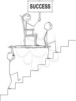 Cartoon stick drawing conceptual illustration of two men, businessmen or slaves carrying boss, manager or lord holding success sign upstairs in litter or sedan chair. Business concept of subordination, cooperation and leadership.