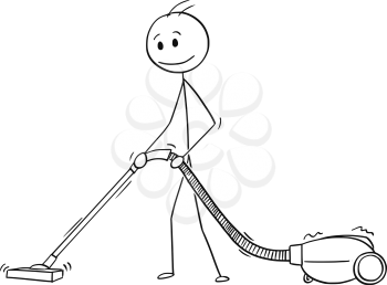 Cartoon stick drawing conceptual illustration of man cleaning floor or carpet with vacuum cleaner.