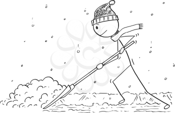Cartoon stick drawing conceptual illustration of man with snow pusher shoveling the snow.
