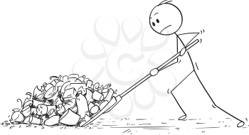 Cartoon stick drawing conceptual illustration of man with snow pusher or shovel shoveling the plastic waste.
