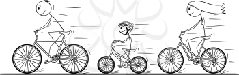 Cartoon stick drawing illustration of young family - man, woman and child riding or cycling on bicycle trip.