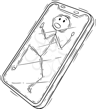 Cartoon stick drawing conceptual illustration of man or businessman trapped inside mobile phone screen or display. Concept of communication and addiction.