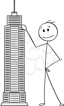 Cartoon stick man drawing conceptual illustration of businessman standing with skyscraper building model. Business concept of architecture and real estate investment.