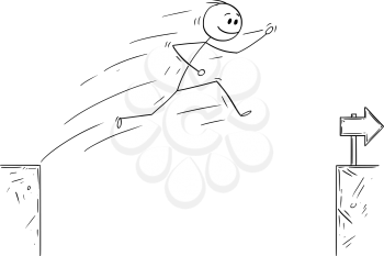 Cartoon stick man drawing conceptual illustration of businessman jumping over the chasm. Business concept of overcoming obstacle and facing challenge.