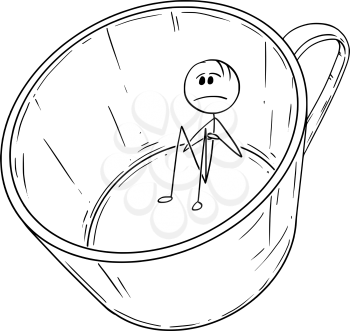 Cartoon stick drawing conceptual illustration of sad and depressed man or businessman sitting in empty coffee or tea cup or mug. Concept of caffeine addiction and stress.