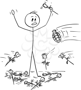Cartoon stick drawing conceptual illustration of man on stage to who was given standing ovation and flowers are thrown from audience. Hand grenade is thrown instead of one rose. Metaphor of envy and begrudging.