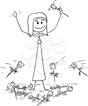 Cartoon stick drawing conceptual illustration of woman on stage to who was given standing ovation and flowers are thrown from audience. Metaphor of success.