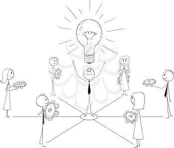 Cartoon stick man drawing conceptual illustration of businessmen and businesswomen working together with manager or leader. Business metaphor of success, teamwork and leadership.