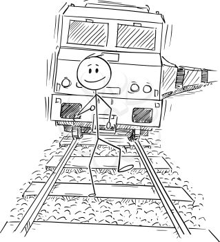 Cartoon stick drawing conceptual illustration of unworried man walking happy on railway tracks and ignoring the train approaching behind him.