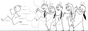 Cartoon stick drawing conceptual illustration of man running away from crowd of walking undead zombie businessmen.Halloween drawing.